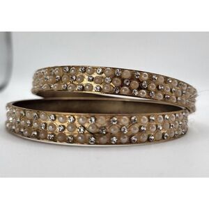 Two Large Pearl and Rhinestone 8.5 in Bangle Bracelets